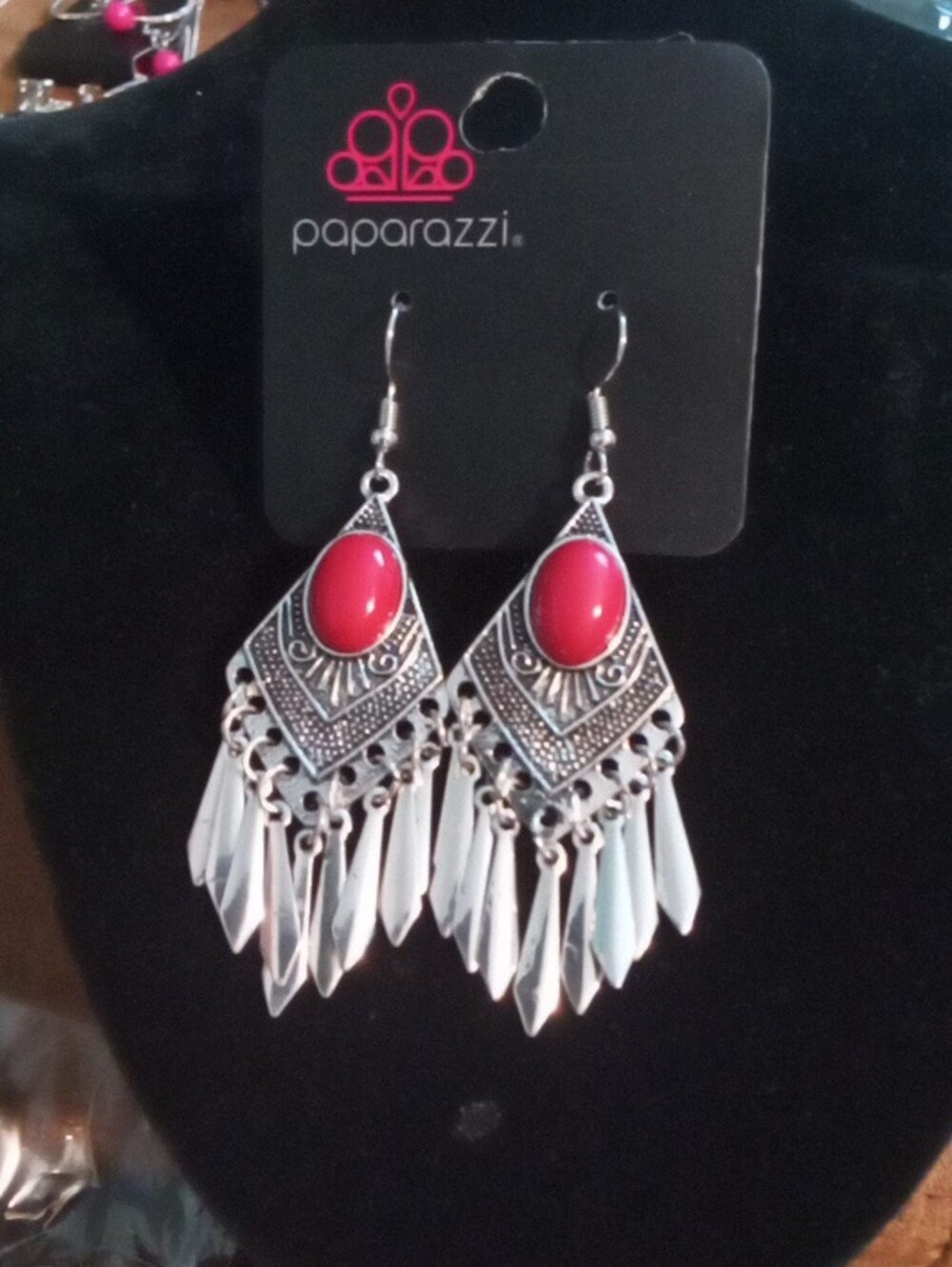 paparazzi Silver-Tone Earrings with Red Cabochon and White Fringe